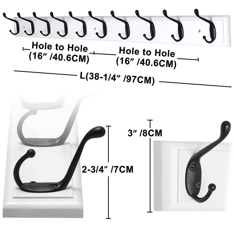 Dseap Coat Rack Wall Mounted: 10-Hooks, 16" Hole to Hole, 38-1/4" Long, Wood Coat Hooks Wall Mounted, Hook Rack, Hook Rail, Hooks for Hanging Coats, White & Black - Image 2